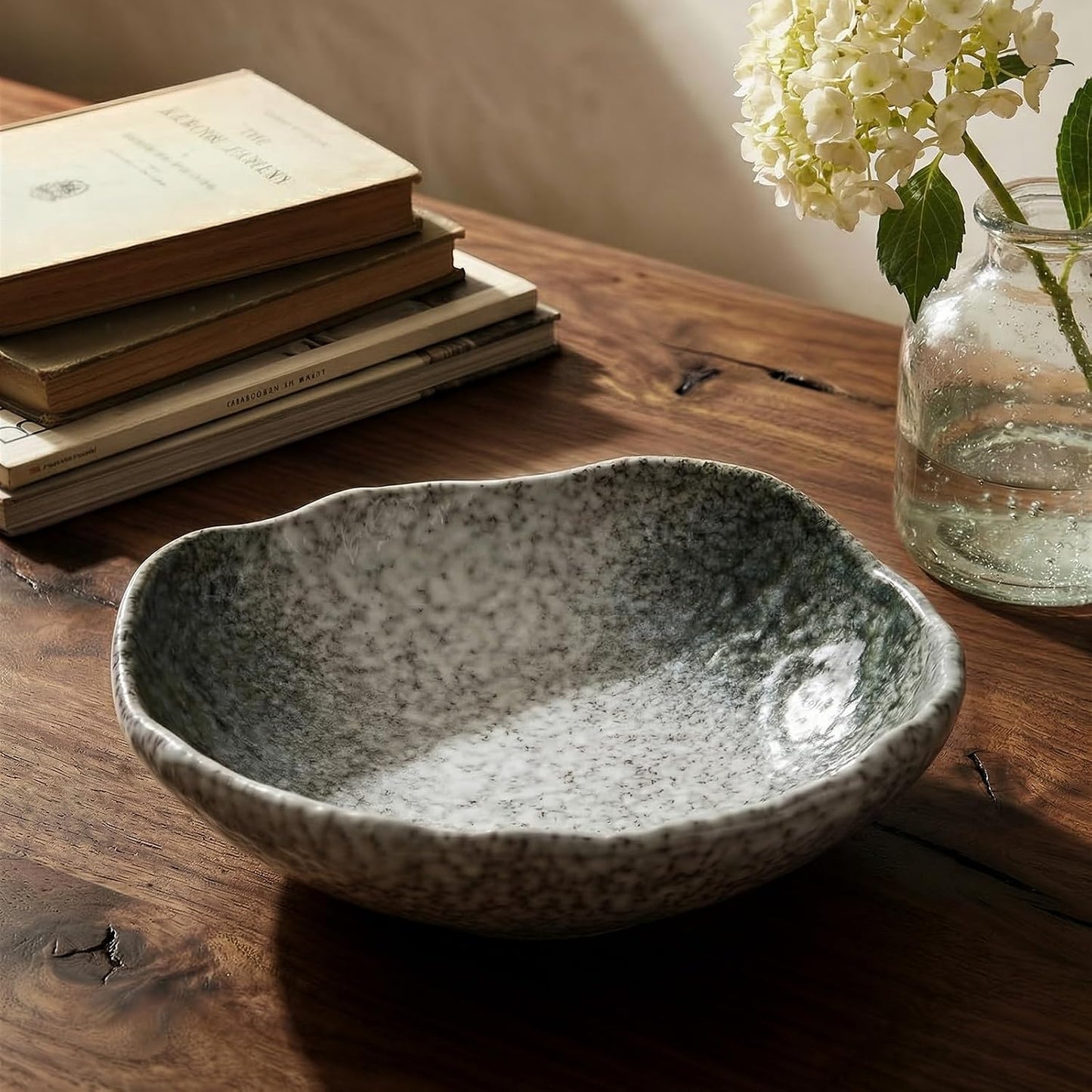 Irregular Moss Glazed Ceramic Catchall Bowl for Keys and Wallet / Green