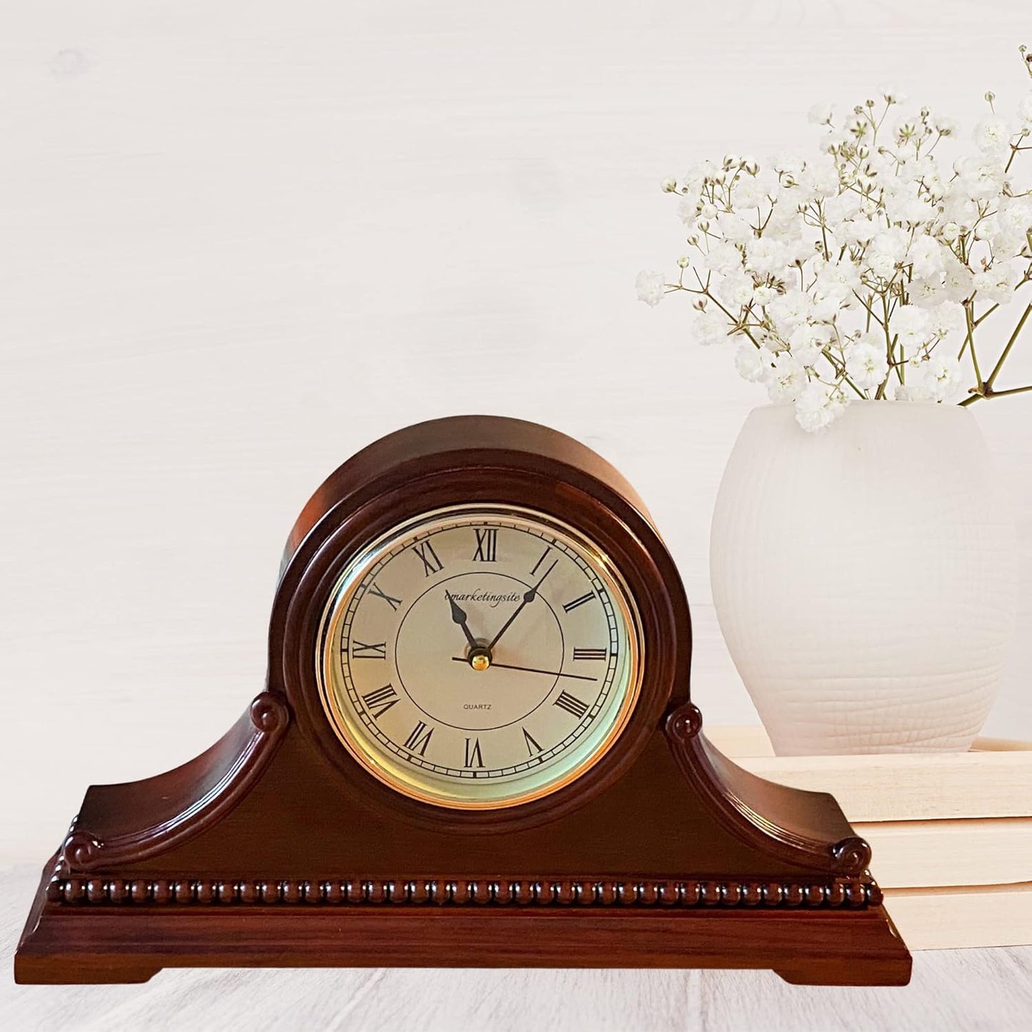 Mantel Clocks, Battery Operated, Silent Wood Table Clock with Westminster Chimes On The Hour, Solid Wooden Shelf