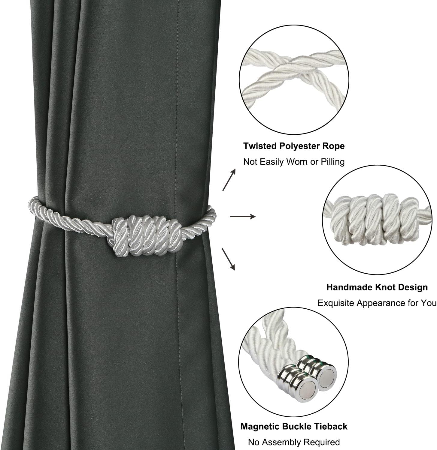 BEL AVENIR Magnetic Curtain Tiebacks 6 Pack Hand-Woven Curtain Ties | White Decorative Curtain Holdbacks Bohemian Style