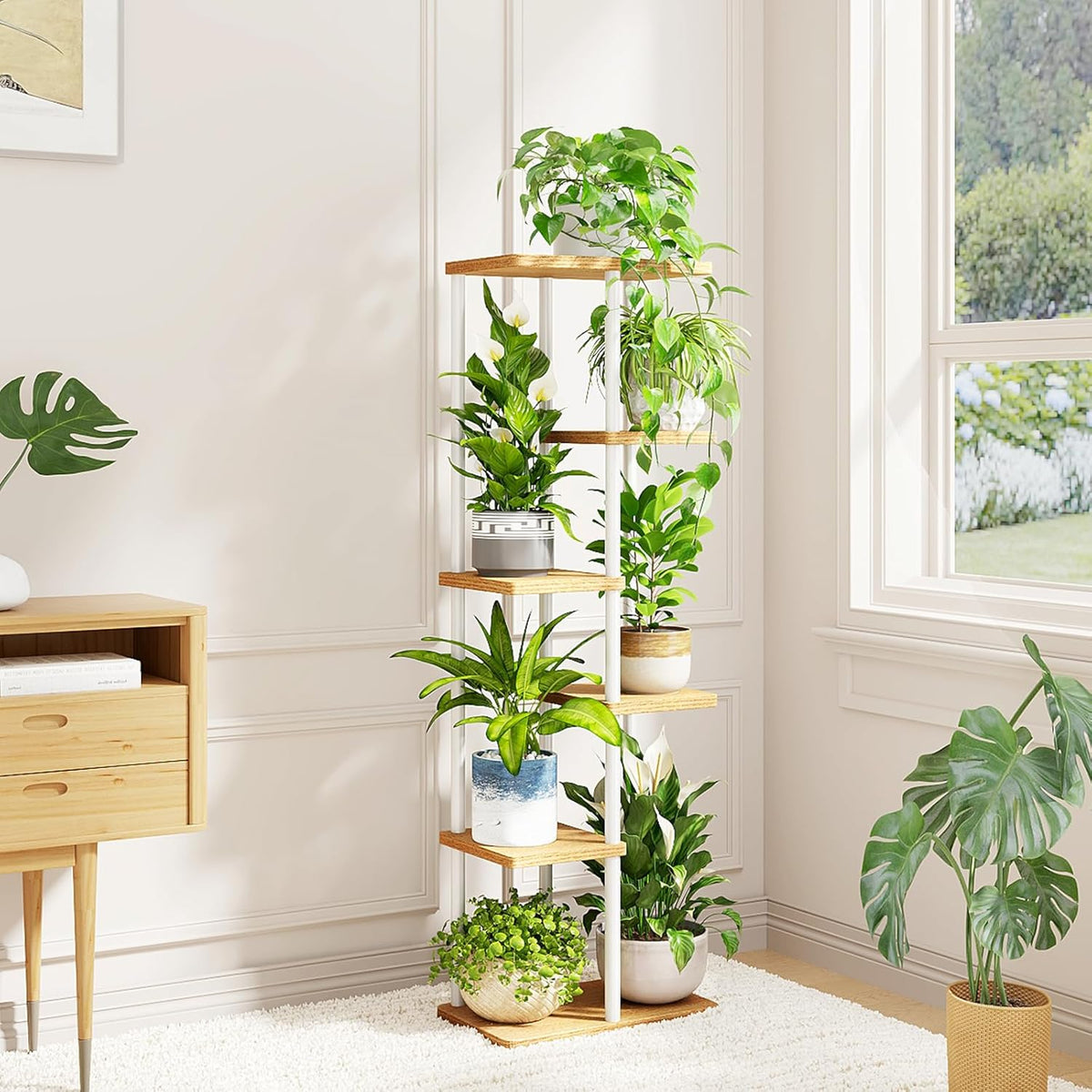 Bamworld Plant Stand 6 Tier Tall Shelf for Multiple Plants White | Tiered indoor shelf adds vertical display space to
