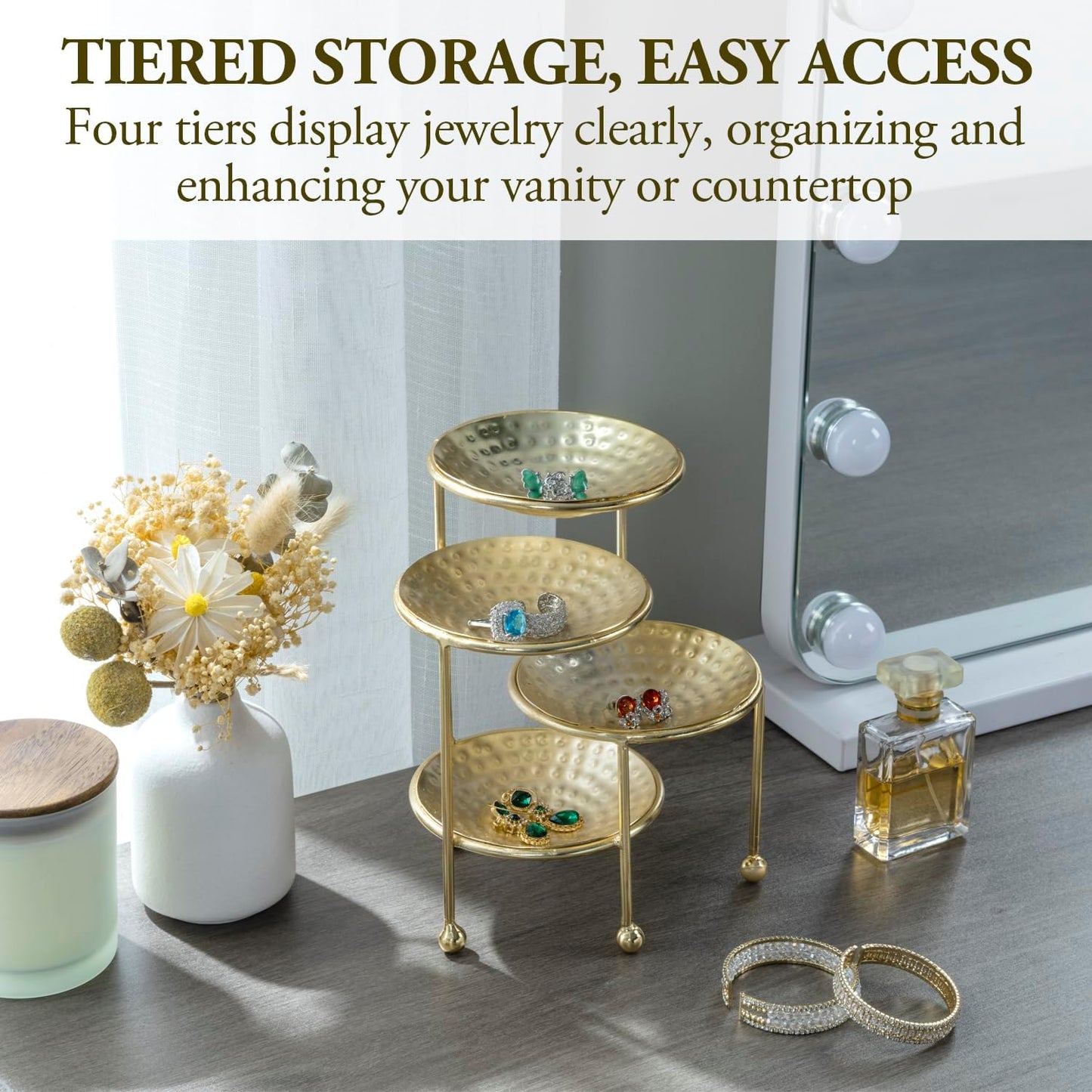 Hammered Brass Plated Metal Ring Tray / Brass, 4 Tier