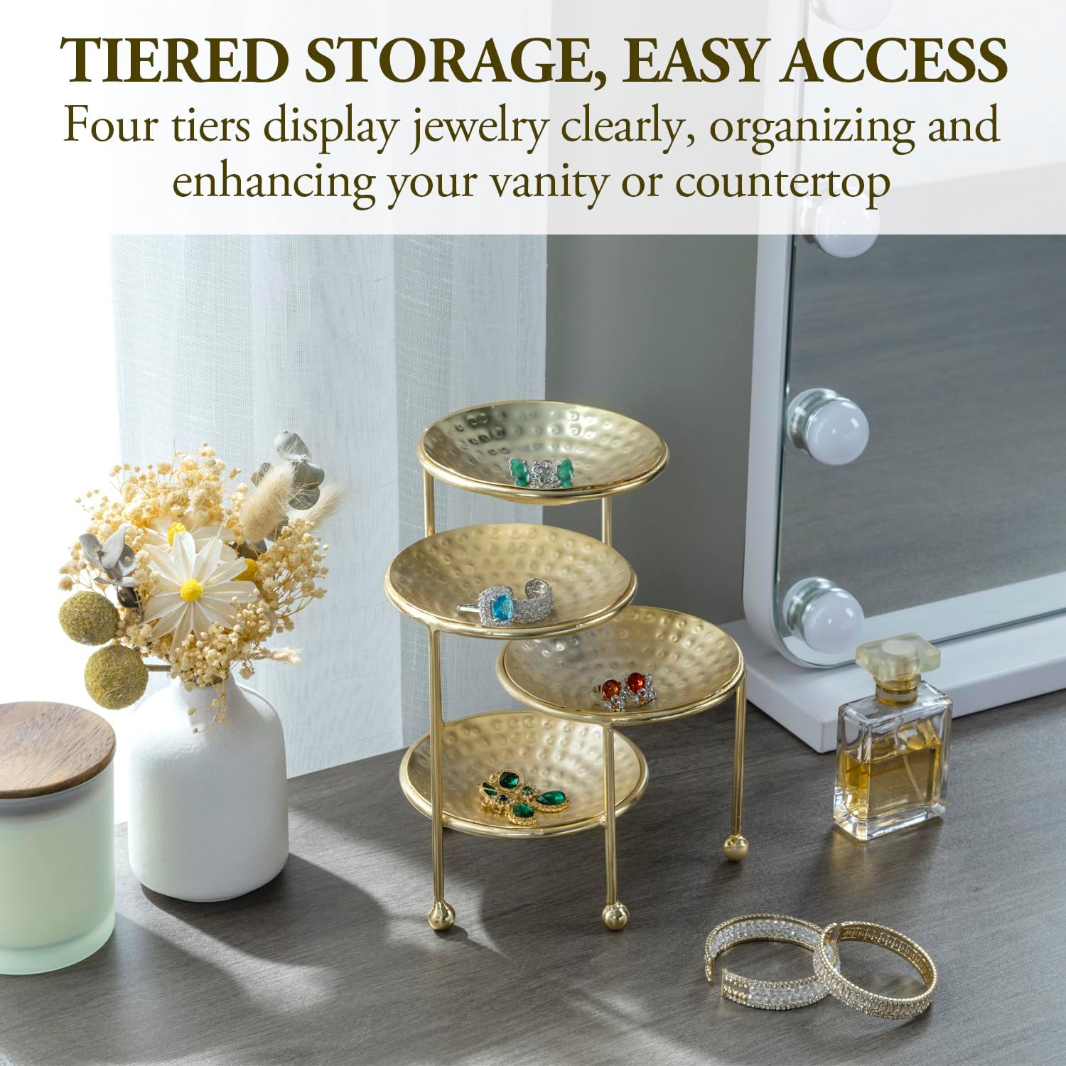 Hammered Brass Plated Metal Ring Tray / Brass, 4 Tier
