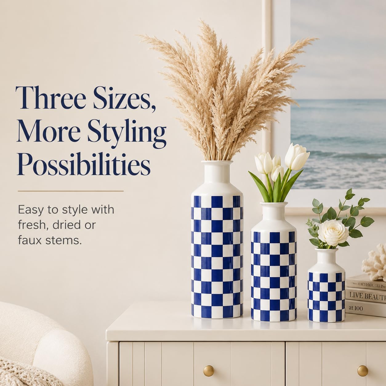 Black and White Ceramic Vase Set 3 / Blue
