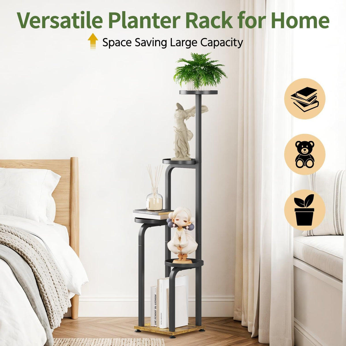 LASZOLA Plant Stand Shelf Tall Indoor Corner, 5 Tier Metal Black | Modern Multiple Flower Display Rack with Metal Tray