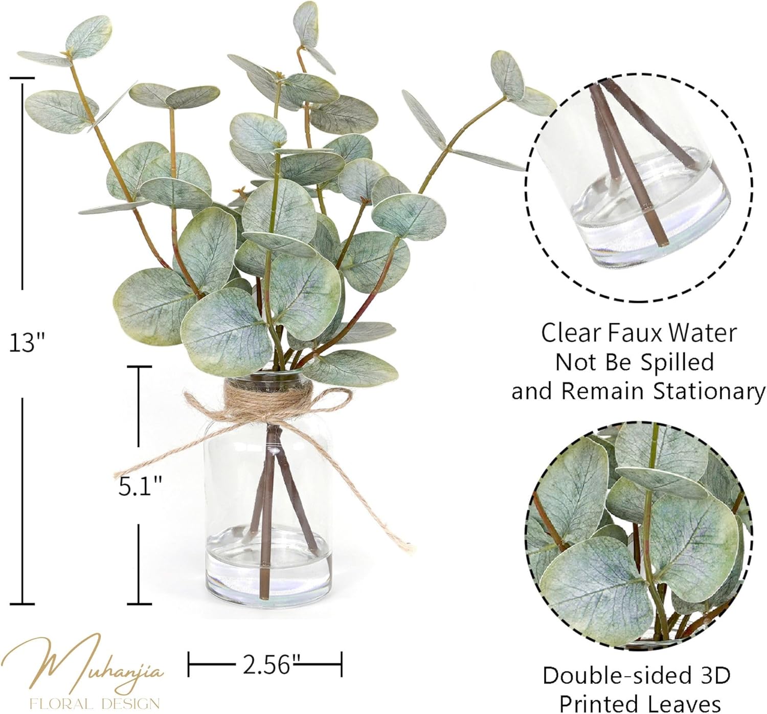 Artificial Eucalyptus Stems in Glass Vase / Double-sided Green Eucalyptus / Set of 3