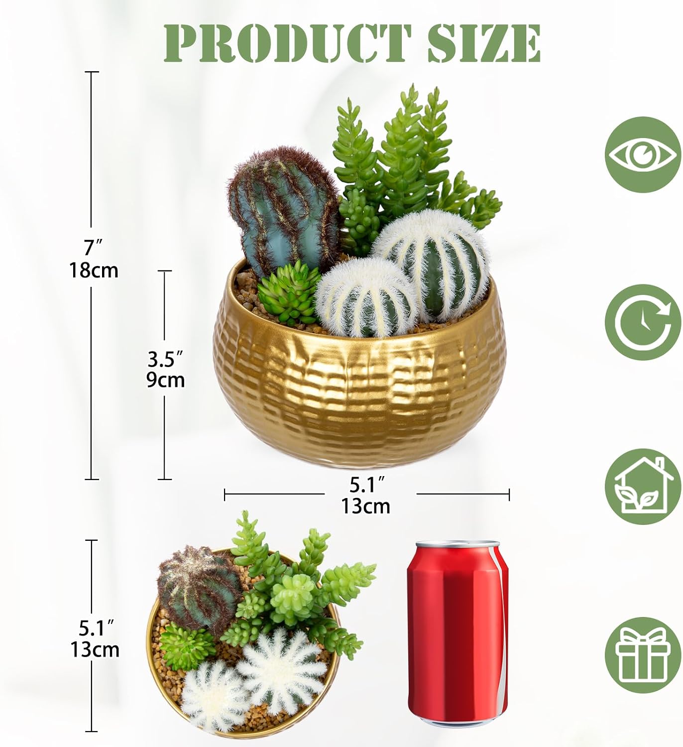 Artificial Cactus Plants Indoor / Gree & White& Gold Pot