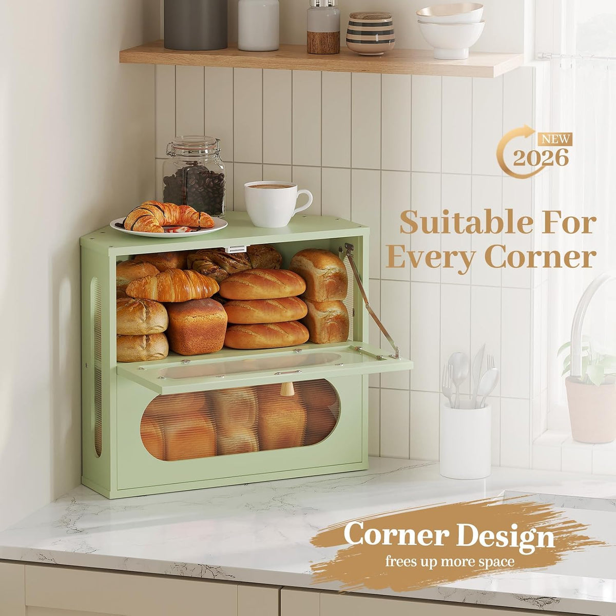 Corner Bread Box for Kitchen Countertop, 2026 New Double Layer Bamboo Bread Storage Bin, Large Bread Container for