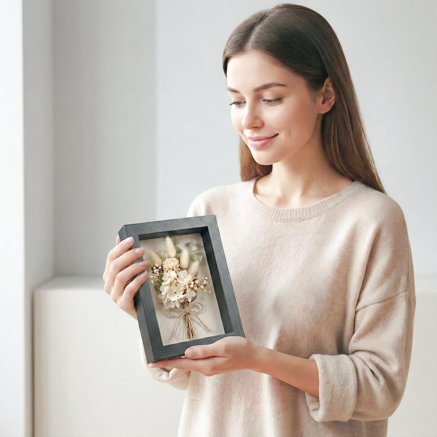 5x7 Shadow Box Picture Frame, 4-Pack Linen Back, Keepsake, Black | Wooden Display Cases, 2 Ways to Display, Crystal