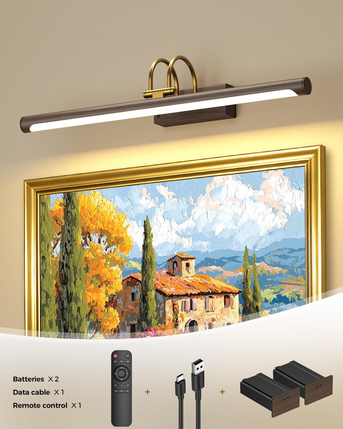 23.6″ Picture Light, Battery Operated Wireless Rechargeable Wall Light with Remote, Dimmable LED Art Light with Timer