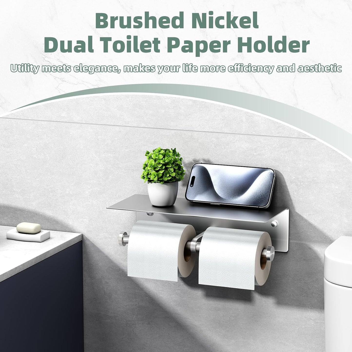 APLusee Brushed Nickel Double Toilet Paper Holder with Shelf, Wall Mounted | 304 Stainless Steel, Rust-resistant for