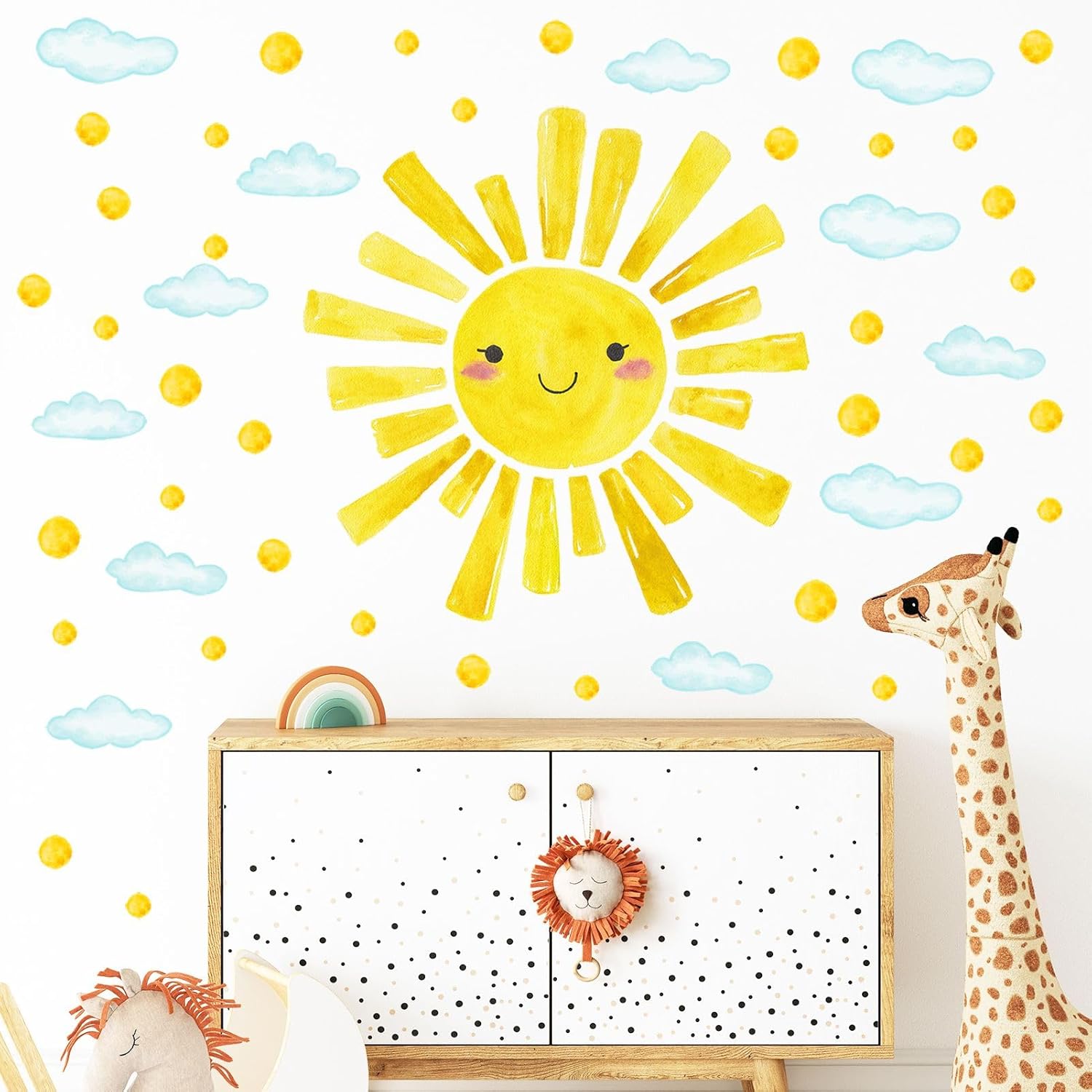 Watercolor Large Sun Wall Decals Cloud Polka Dots Wall Stickers for Kids Room / Smile Sun