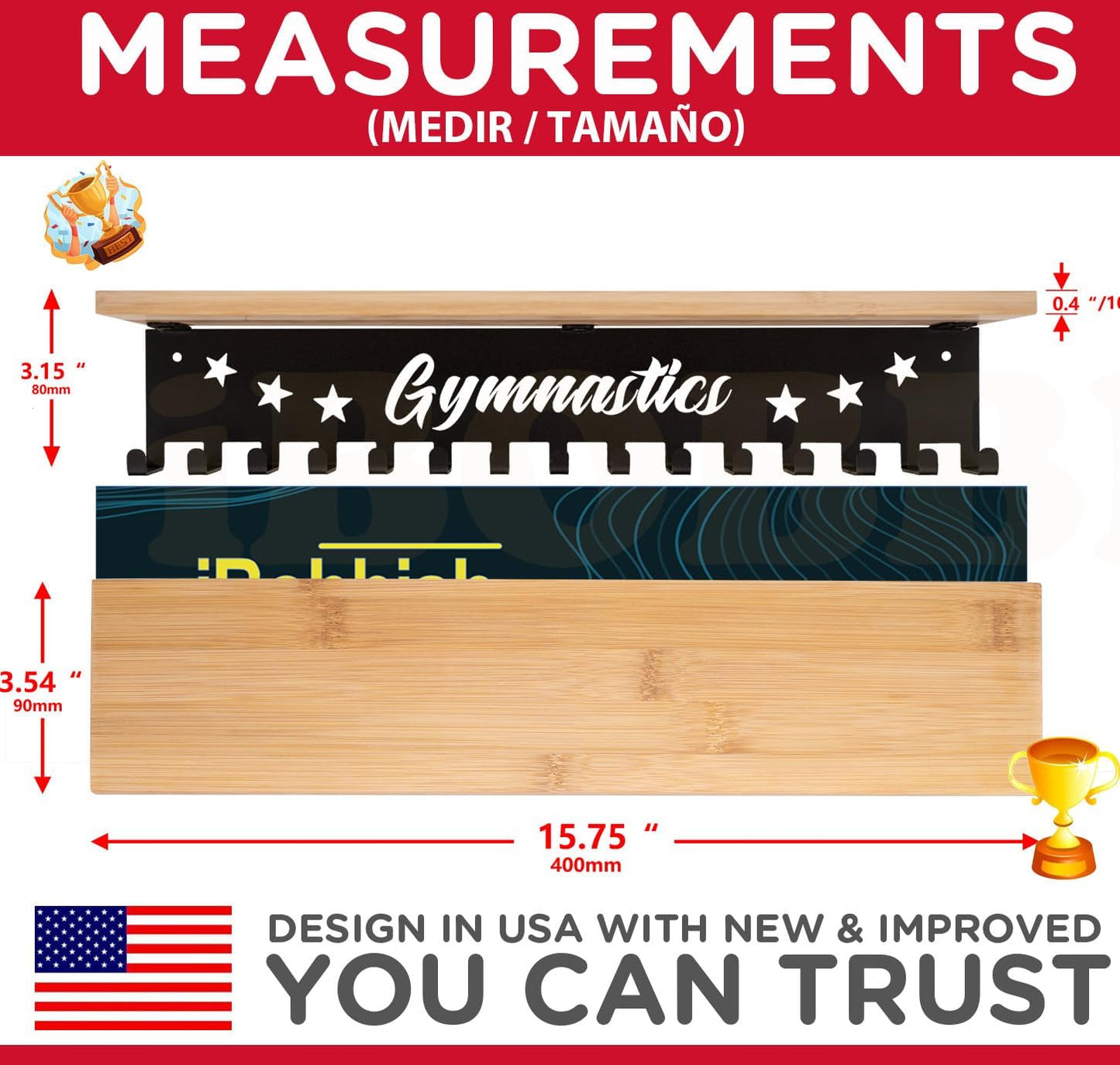 iBobbish Premium Trophy and Medal Display Shelf 16inchL,Metal Trophy Shelf with Hooks Upgraded,Large Bamboo Trophy