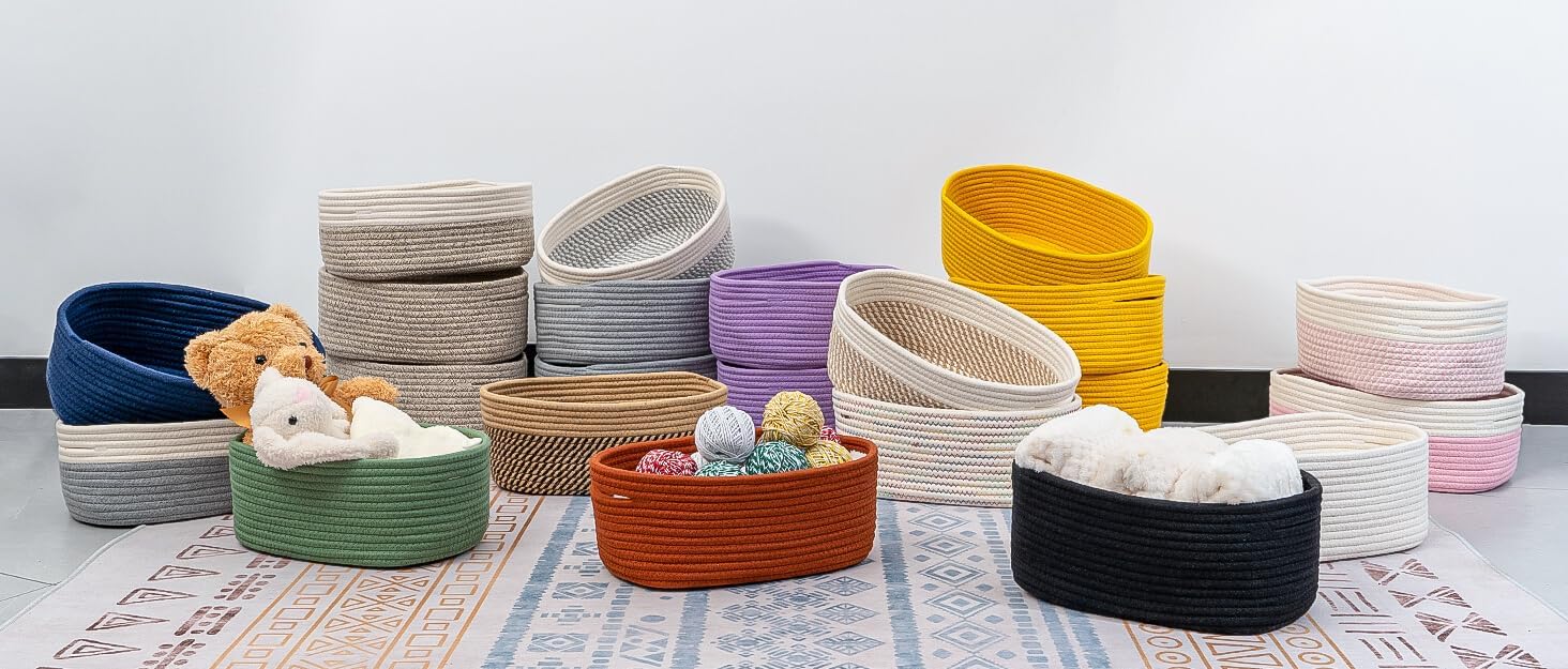 Rectangular Woven Storage Baskets Natural Cotton Rope / Camel/mixed Black / Small Basket / Set of 3