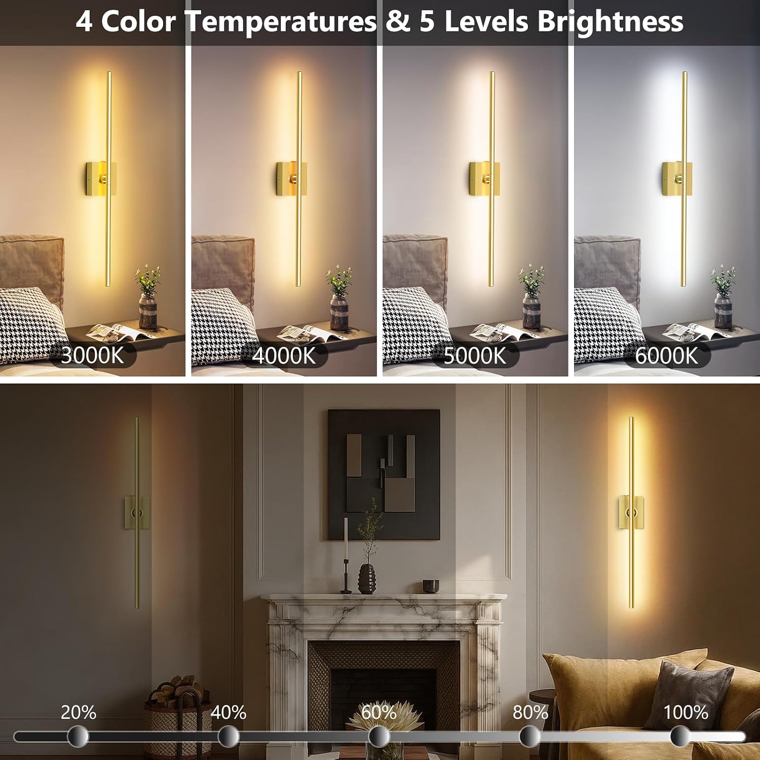 Eneru Battery Operated Wall Sconces Set of 2, Gold Wireless LED Wall Light | Rechargeable 10000mAh, Touch and Remote