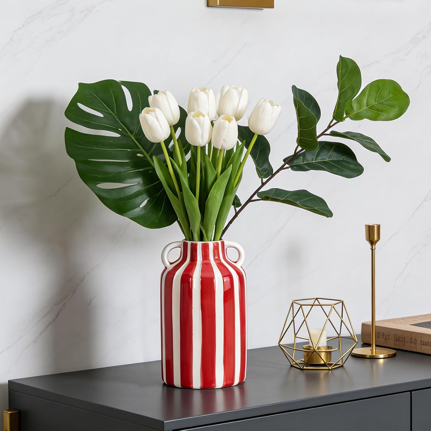 Ceramic Vase / Mid Century Modern Striped Vase for Flower & Pampas Grass Centerpiece / Red and White
