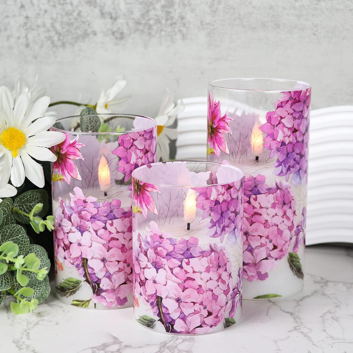 Red Hydrangea Glass Flameless Candles with Remote and Timer | Batttery Operated LED Pillar Candle Flickering, Real Wax