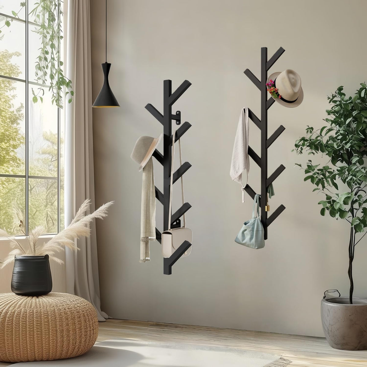 Prywot 2PK Vertical Hat Rack, Metal Coat Rack Wall Mounted, Black, 37.8" | 9 Hooks, Space-saving wall-mounted design