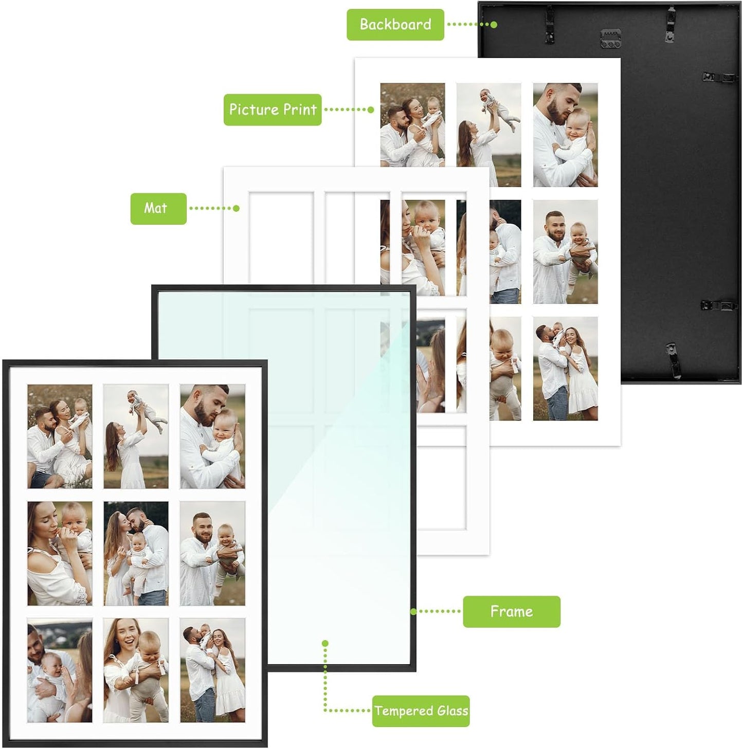 Golden State Art 13.6x19.7 Collage Frame for 9 4x6 Photos Black 2 Pack | Aluminum Picture Frame with Real Glass Front