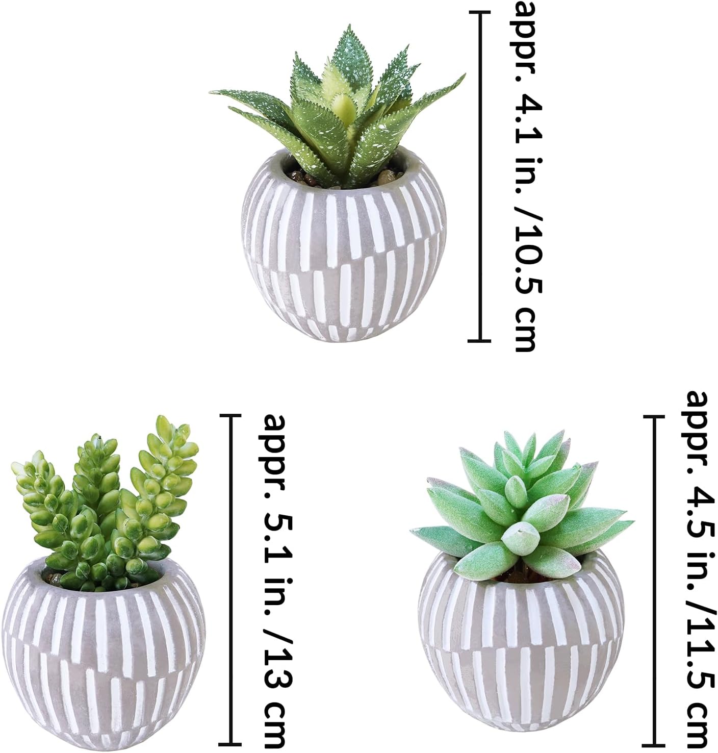 Artificial Succulents Plants in Mini Gray and White Geometric Cement Pots / Gray Pots / Set of 3