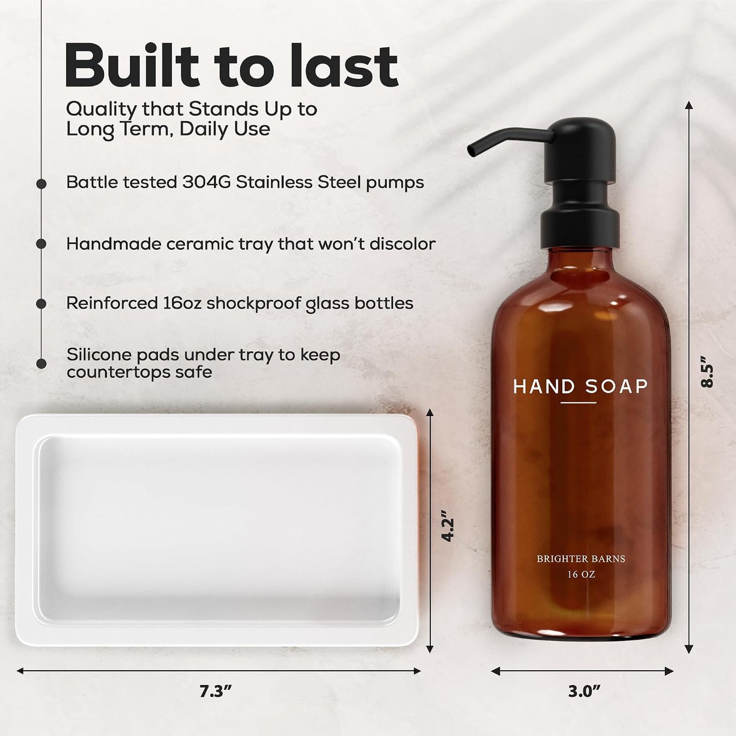 Amber Glass Soap and Lotion Dispenser Set with Tray by Brighter Barns - Hand Soap Dispenser Bathroom Set & Stainless