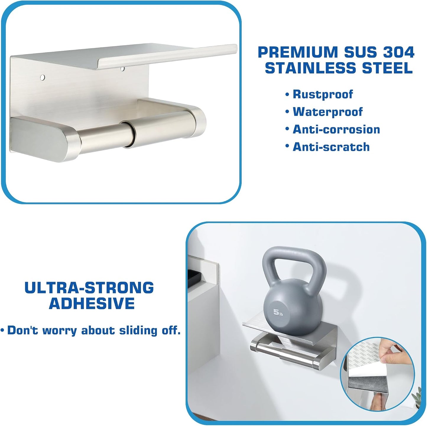 Alise Toilet Paper Holder with Shelf Wall Mount Adhesive or Drill,Brushed | SUS304 Stainless Steel Toilet Paper Roll