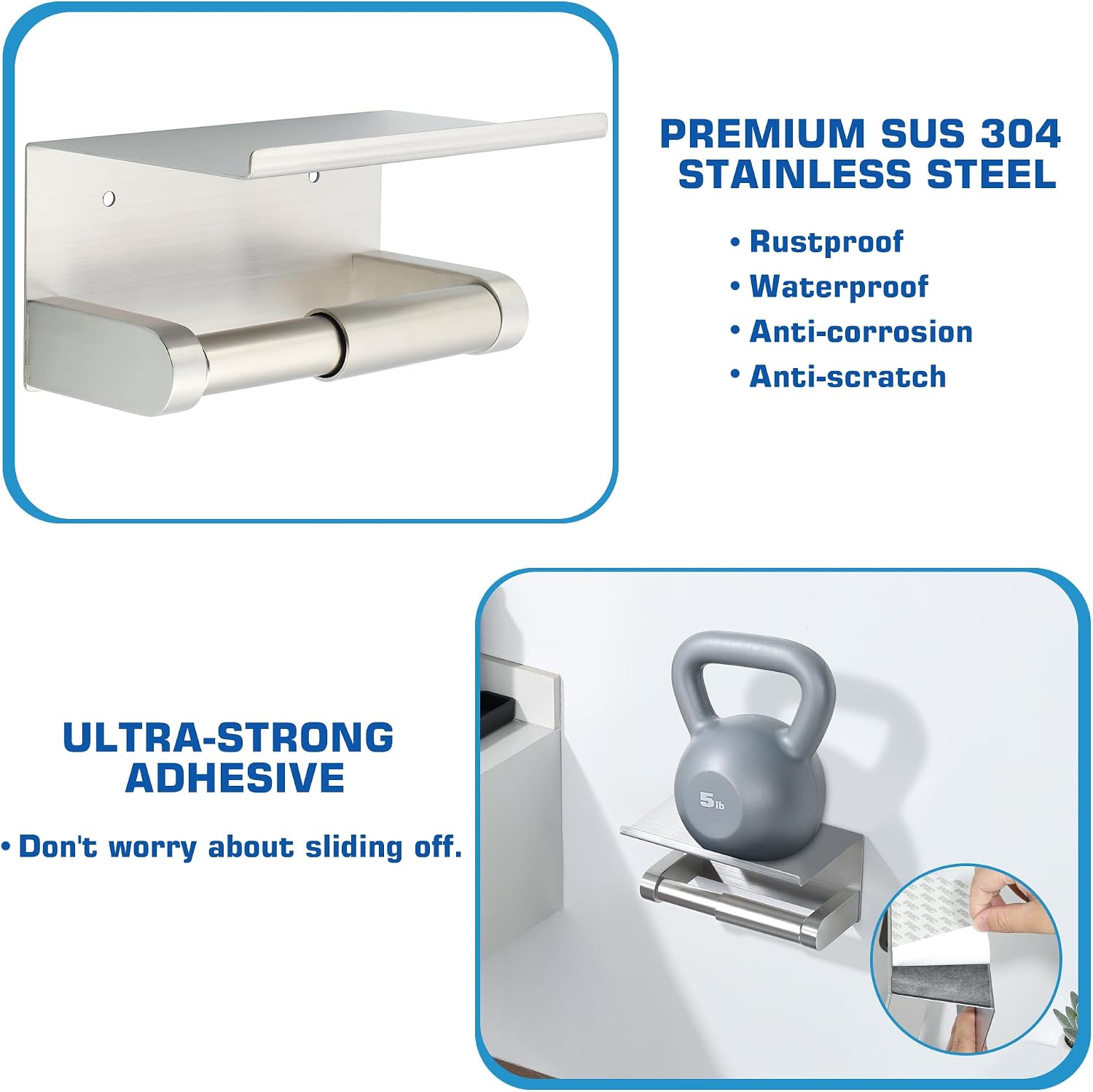 Alise Toilet Paper Holder with Shelf Wall Mount Adhesive or Drill,Brushed | SUS304 Stainless Steel Toilet Paper Roll