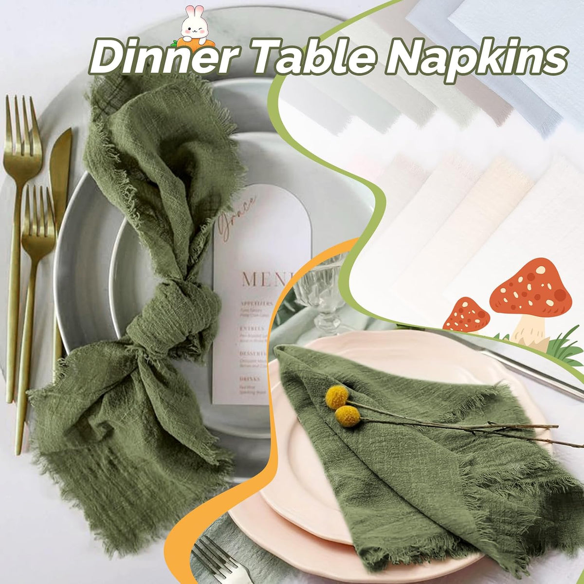Showgeous 30 Pack Olive Green Cloth Napkins with Fringe, 16x16 inch | 100% Cotton Green Napkins Handmade Dinner Napkins
