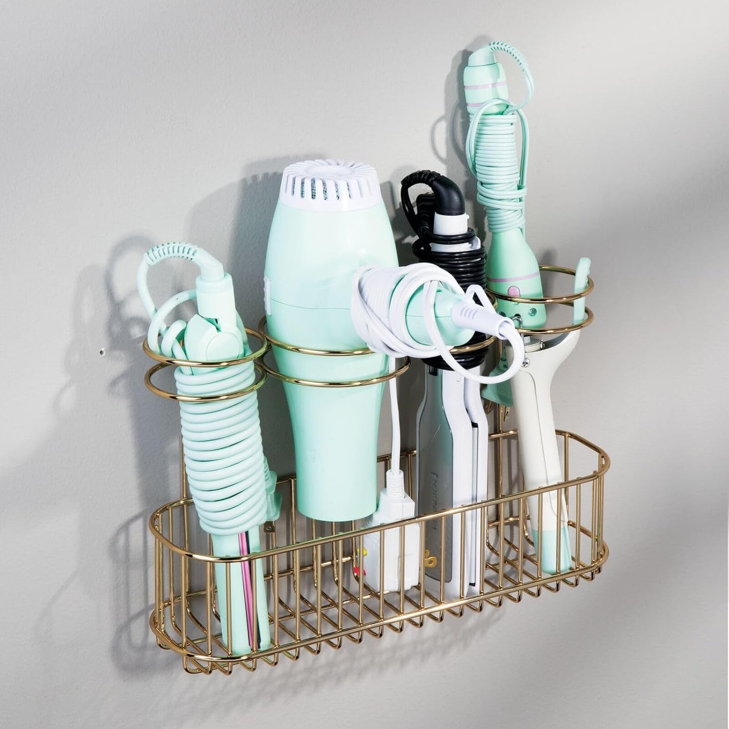 mDesign Hair Dryer Caddy – Wall Mounted Storage Rack with 4 Compartments – Hair Tool Organiser for Dryers, Curling