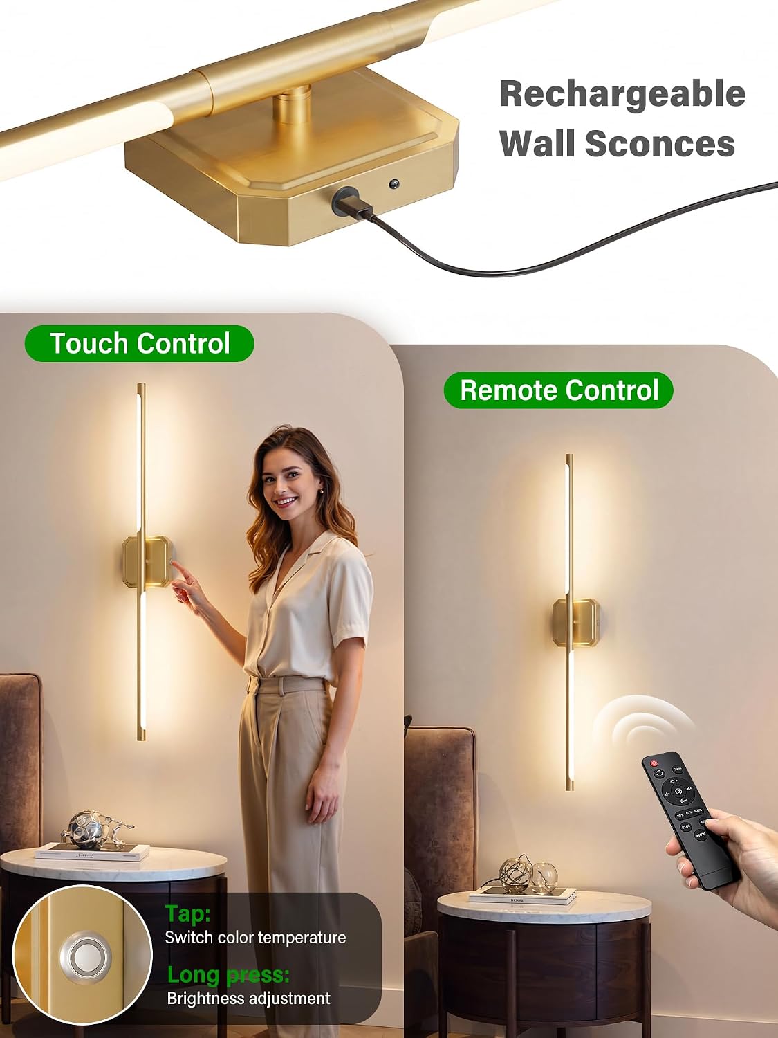 Battery Operated Wall Sconces Set of Two, Wireless Wall Lights Touch & Remote Control Rechargeable LED Wall Lamp