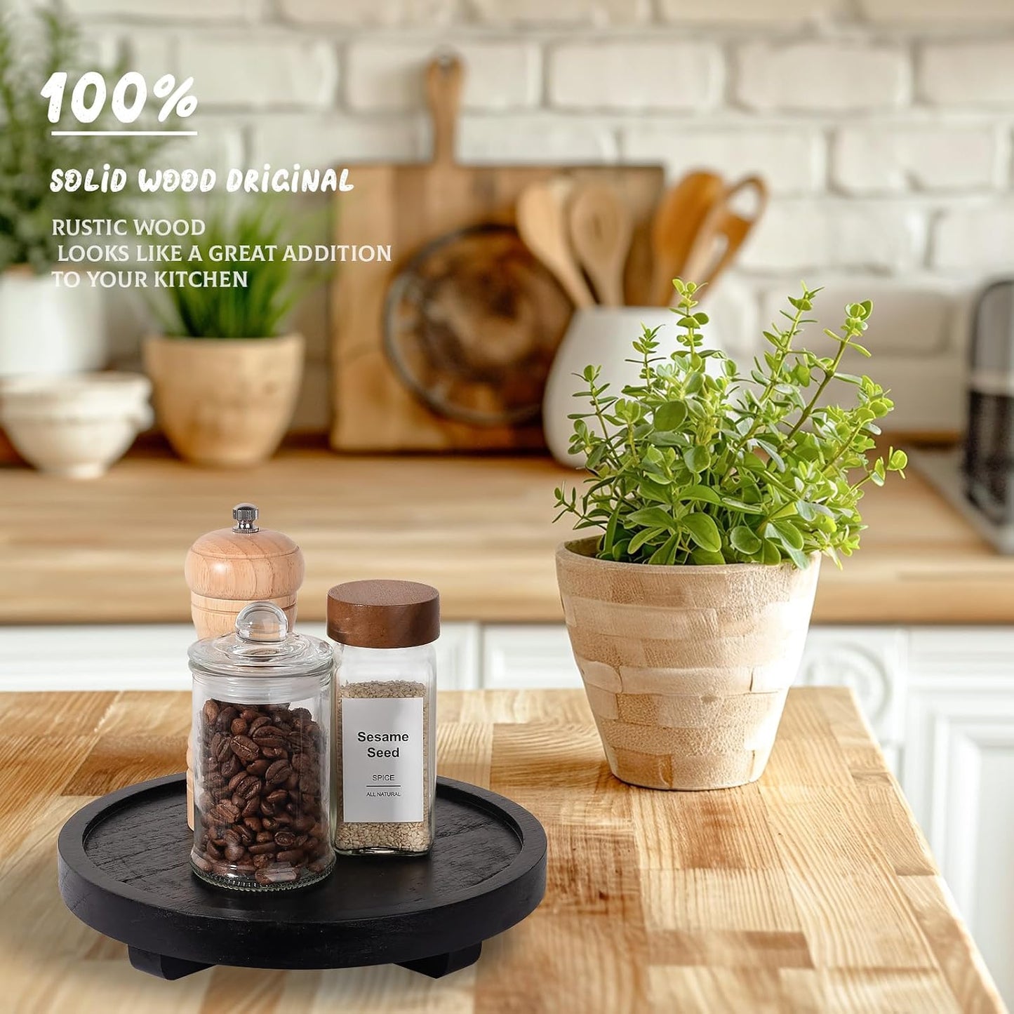 Round Decorative Tray Wood Bathroom Counter Organizer Farmhouse Kitchen Decor / Black / Set of 8