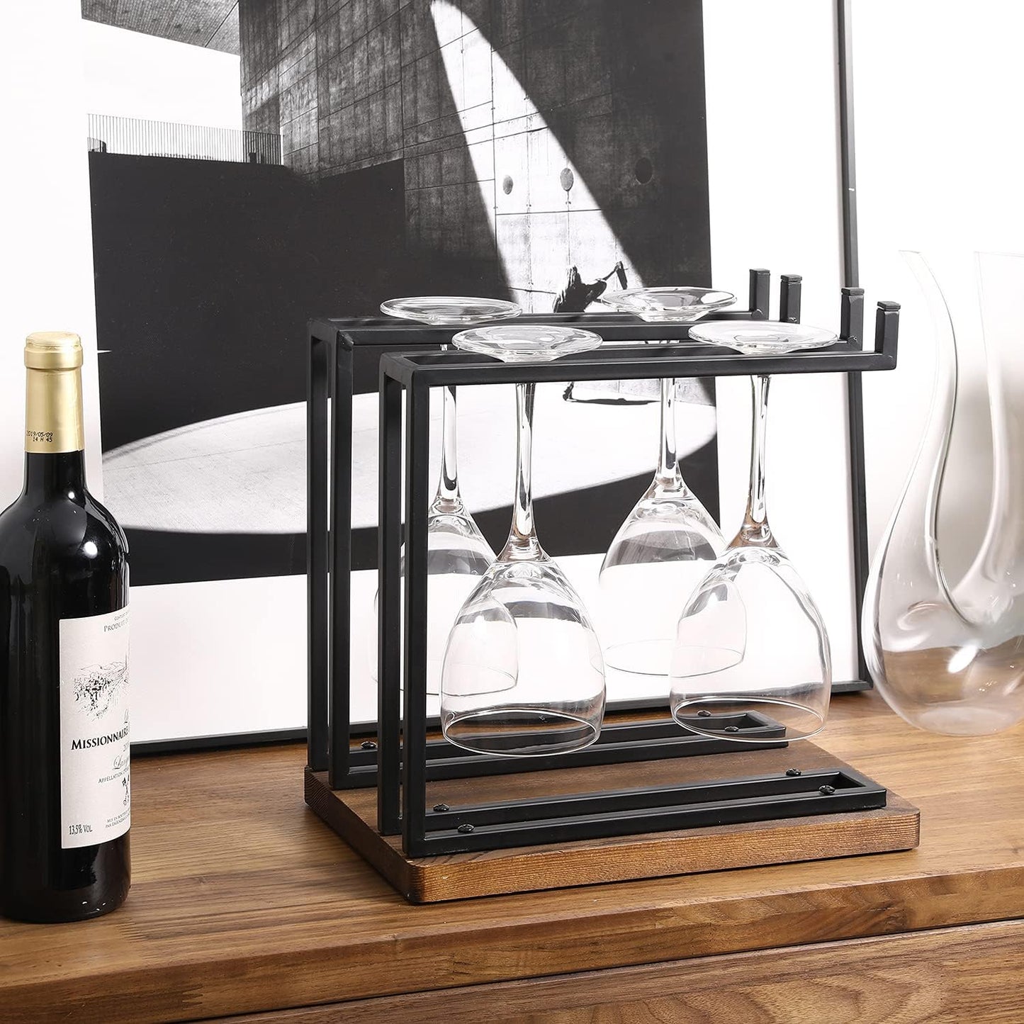 MyGift Countertop Wine Glass Holder with Rustic Wood Base, Industrial Metal | 2 Hanging Bars Store Stemware for