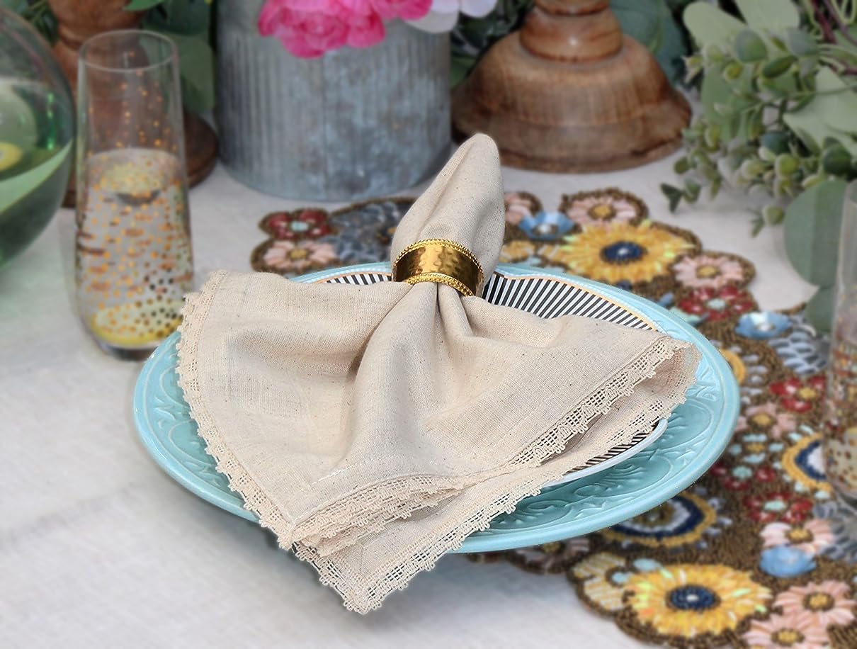 COTTON CRAFT Flax Linen Cloth Napkins with Lace - Set of 12 Dinner Napkins | Oversized 20x20 inch Natural Washable