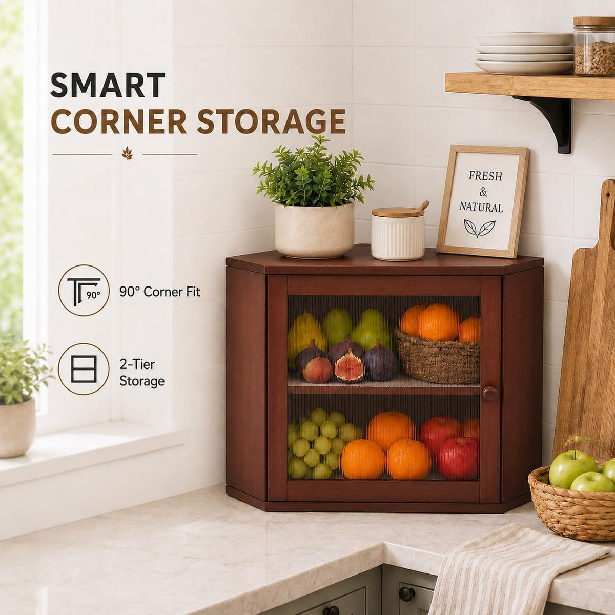 BAMBANG Corner Bread Box for Kitchen Countertop, Large Capacity Bamboo Wood Bread Storage Container, 2 Tier Farmhouse