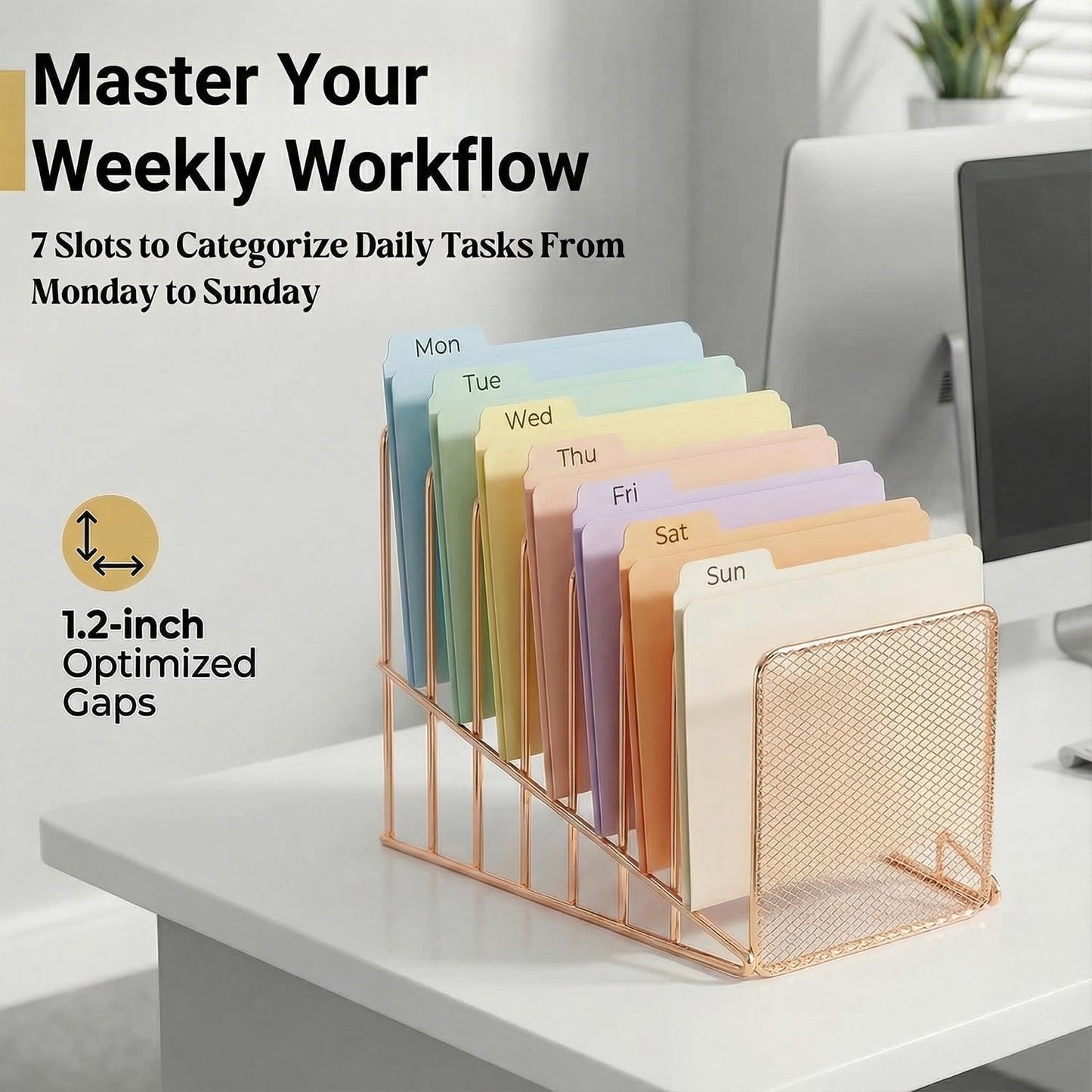 Rose Gold Desk Organizer 7 Slot Inclined Vertical File Folder Holder Sorter with Mesh Front – Metal Wire Rack for Mail
