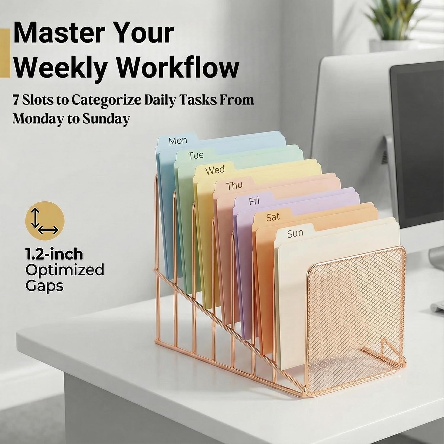 Rose Gold Desk Organizer 7 Slot Inclined Vertical File Folder Holder Sorter with Mesh Front – Metal Wire Rack for Mail