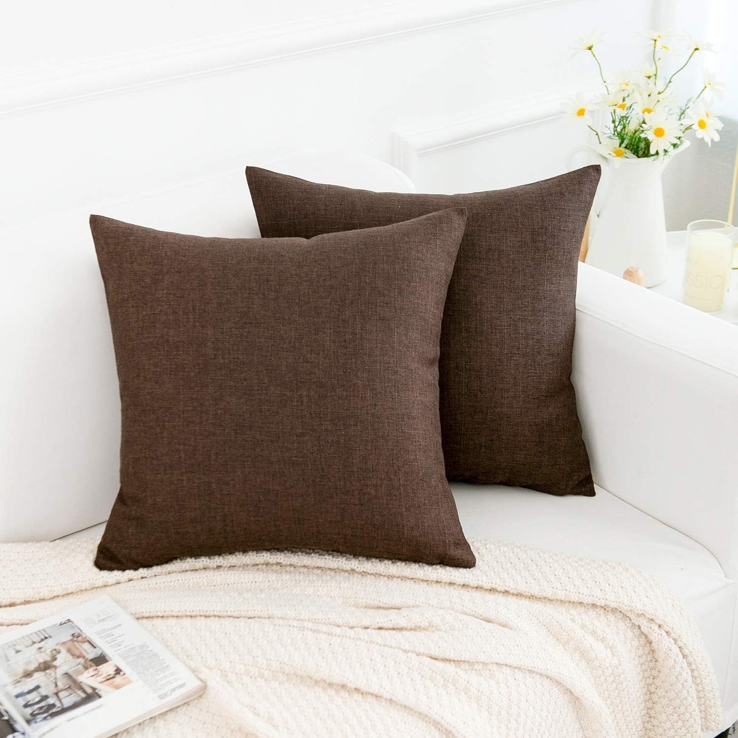 Linen Decorative Throw Pillow Covers Cushion Cover Pillow Case / Dark Brown / 18 x 18 / Set of 2