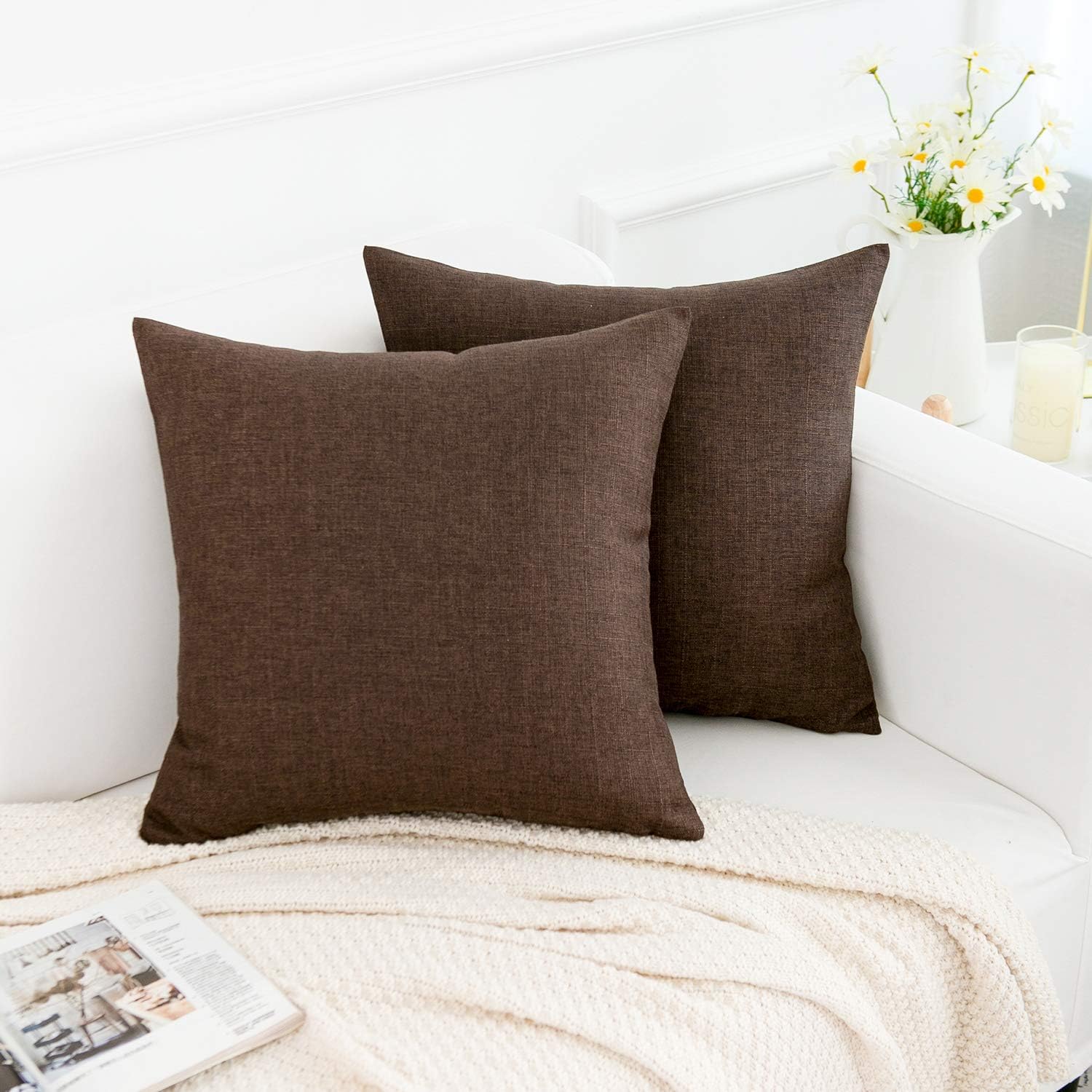 Linen Decorative Throw Pillow Covers Cushion Cover Pillow Case / Dark Brown / 18 x 18 / Set of 2
