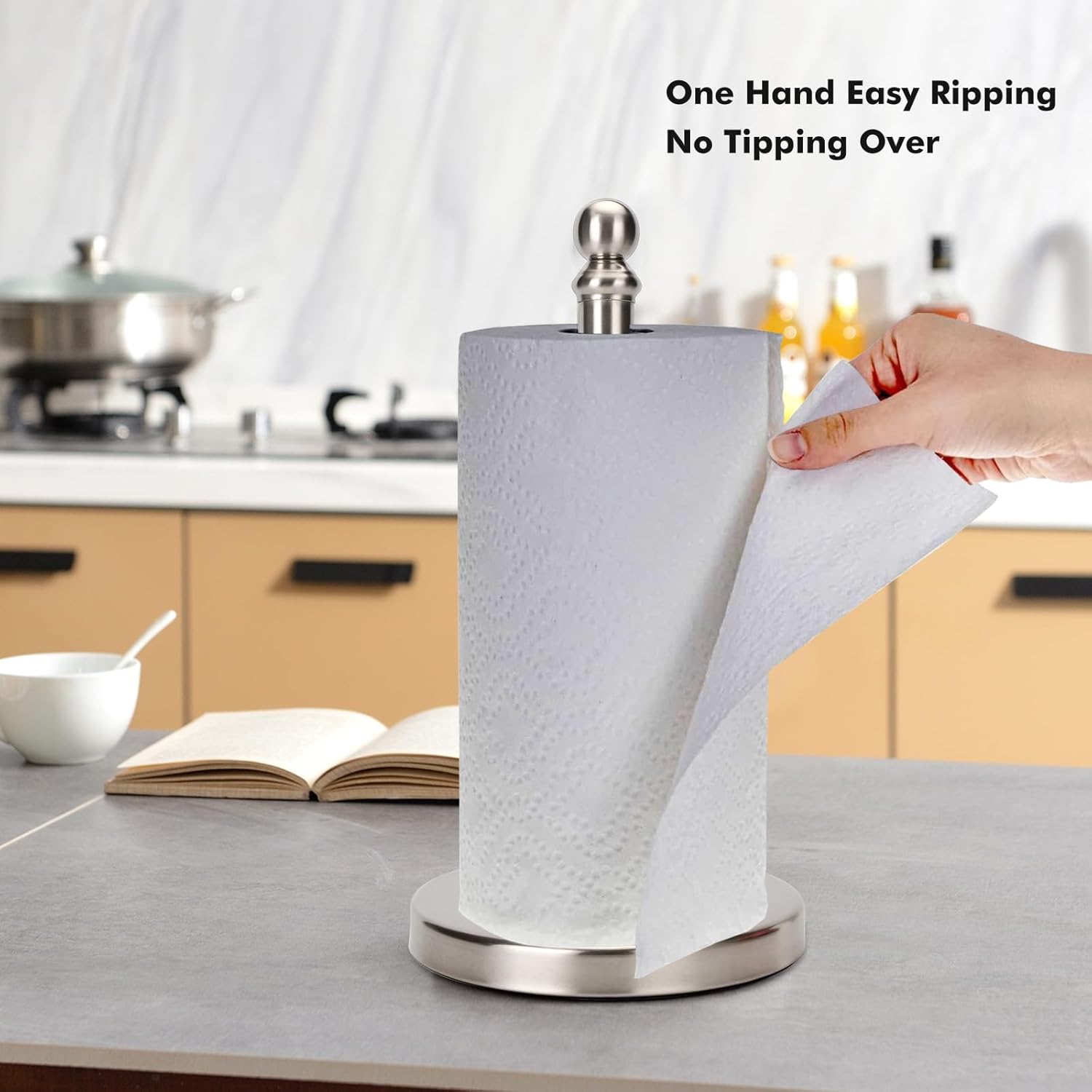 Exilon Paper Towel Holder Countertop with Weighted Base, One-Handed Design No Tipping Over, Stainless Steel Paper Towel