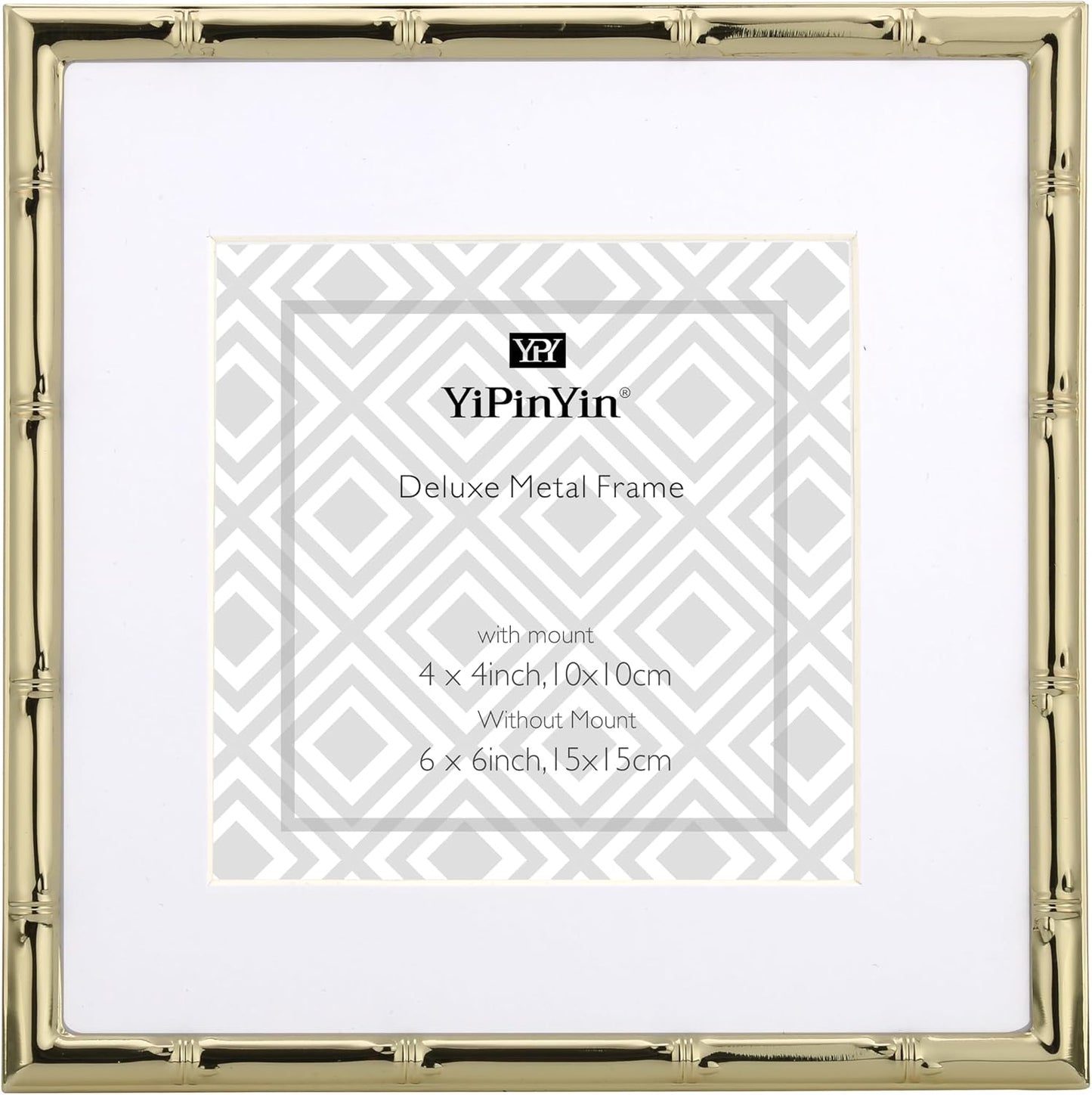 YiPinYin 6x6'' Sqaure Gold Metal Picture Frame With Mat for 4x4'' Set of 2, Bamboo Detail Designs Gold Plated Photo