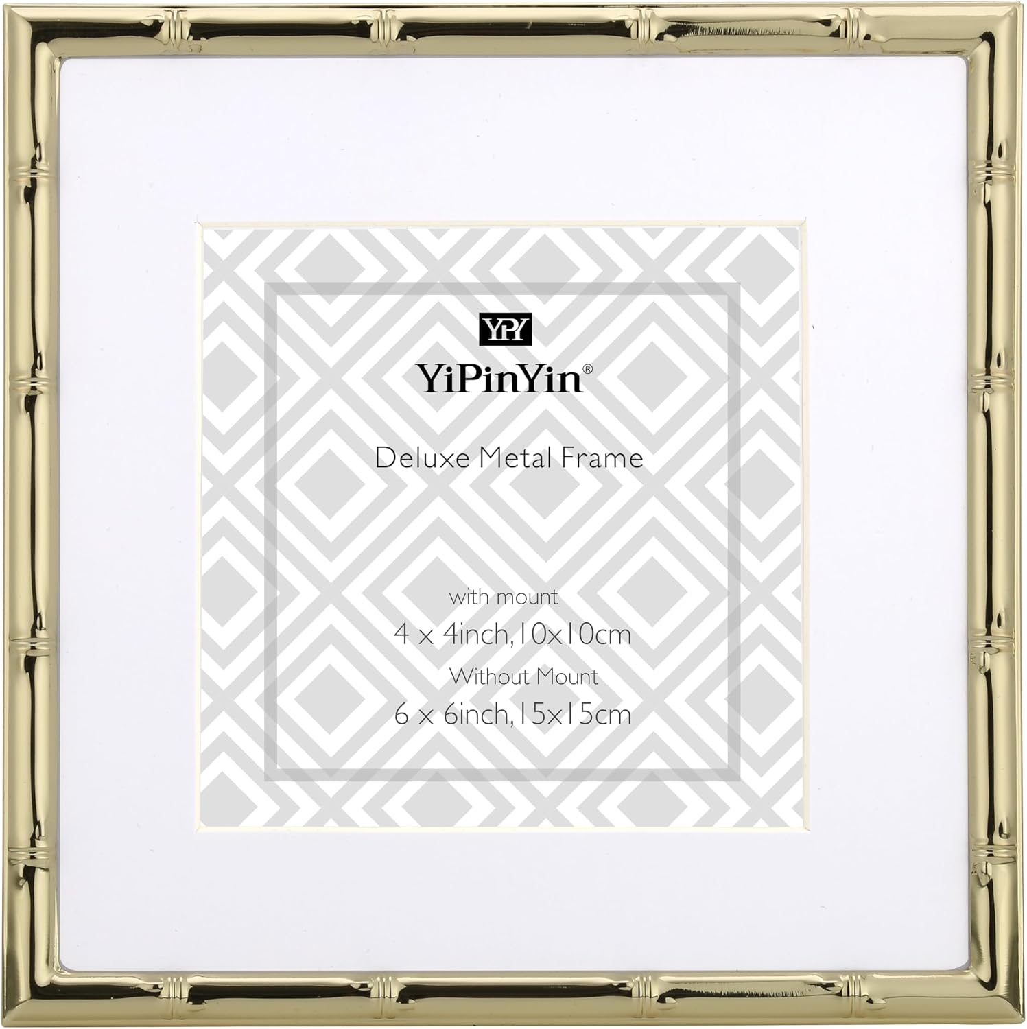 YiPinYin 6x6'' Sqaure Gold Metal Picture Frame With Mat for 4x4'' Set of 2, Bamboo Detail Designs Gold Plated Photo