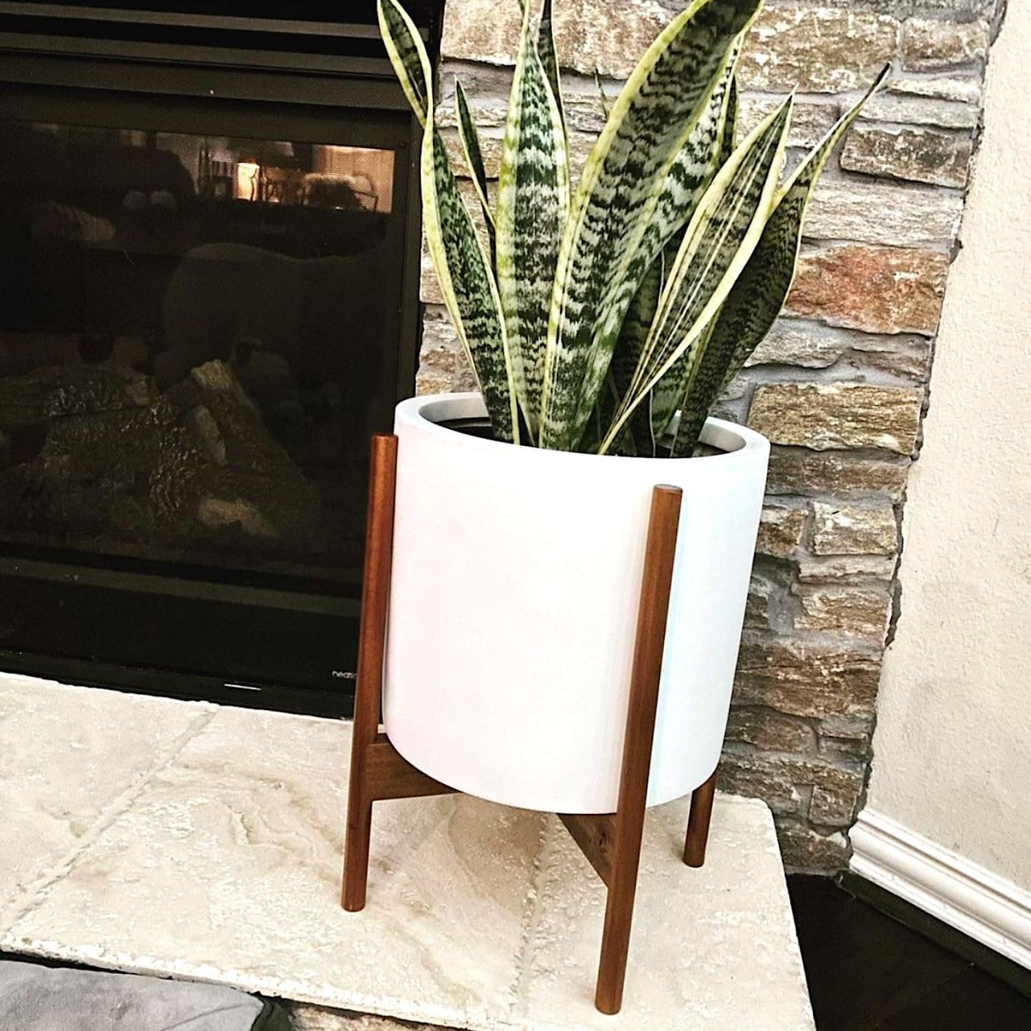 Fox & Fern Mid Century Plant Stands for Indoor Planters, Acacia, 11.8 Inch | Plug In Design, Holds 200 lbs, Two High