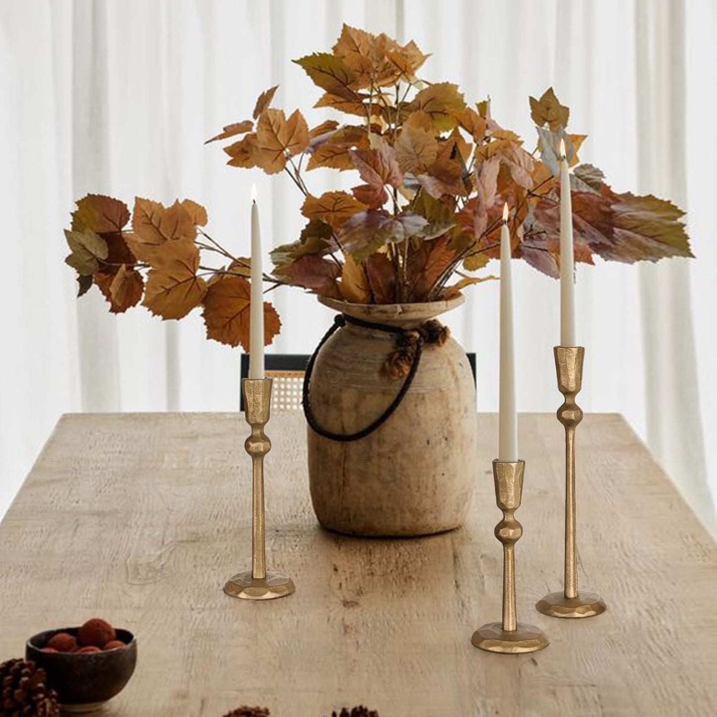 Antique Brass Iron Taper Candle Holder - Set of 3 Decorative Candle Stand | Candlestick Holder for Wedding, Dinning