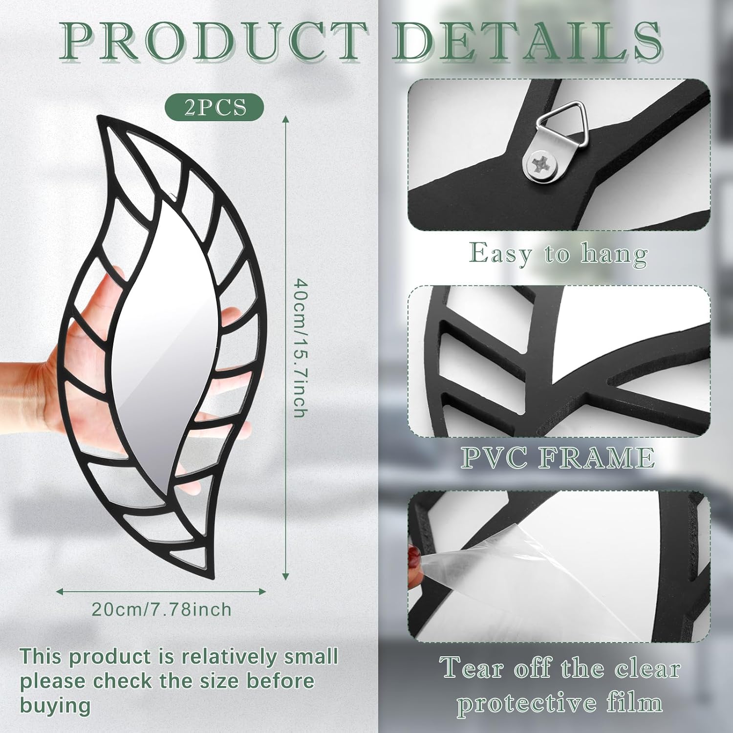 Decorative Mirror Wall Decor Leaf Teardrop Mirror Wall Mounted Decorations / Black / Set of 2