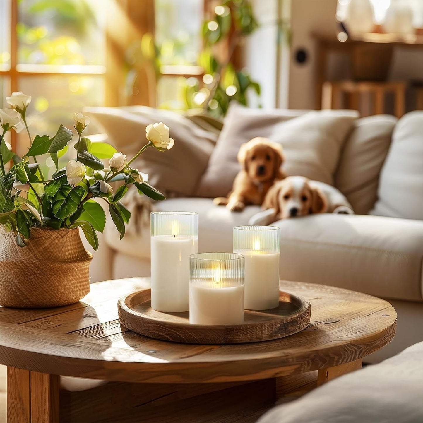 Amagic White Ribbed Glass Flameless LED Pillar Candles with Remote Timer | Real Wax Battery Operated Electric Candle