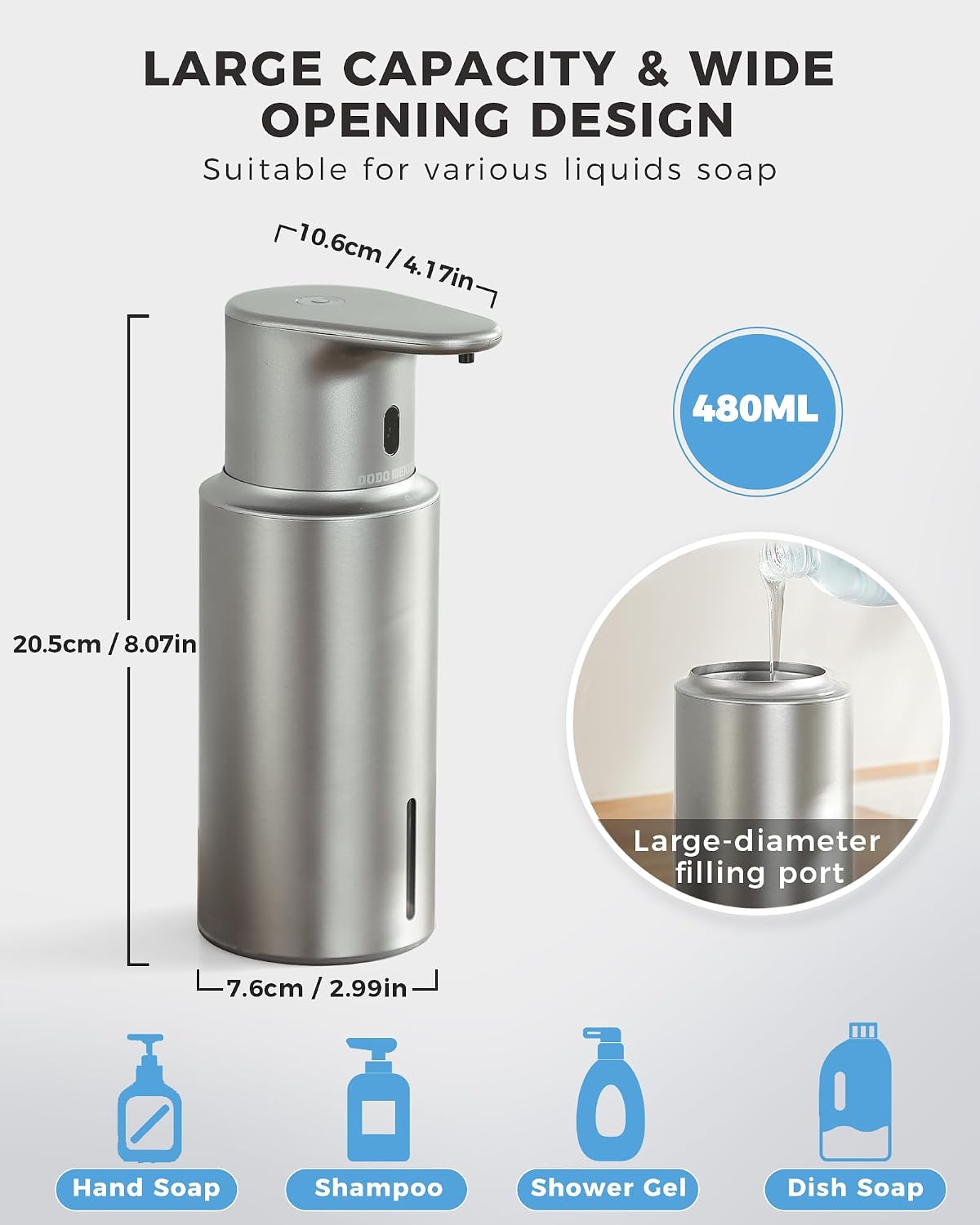 Automatic Liquid Soap Dispenser Touchless, 304 Stainless Steel Bottle Body | 16.2oz/480ml Rechargeable Dish Soap