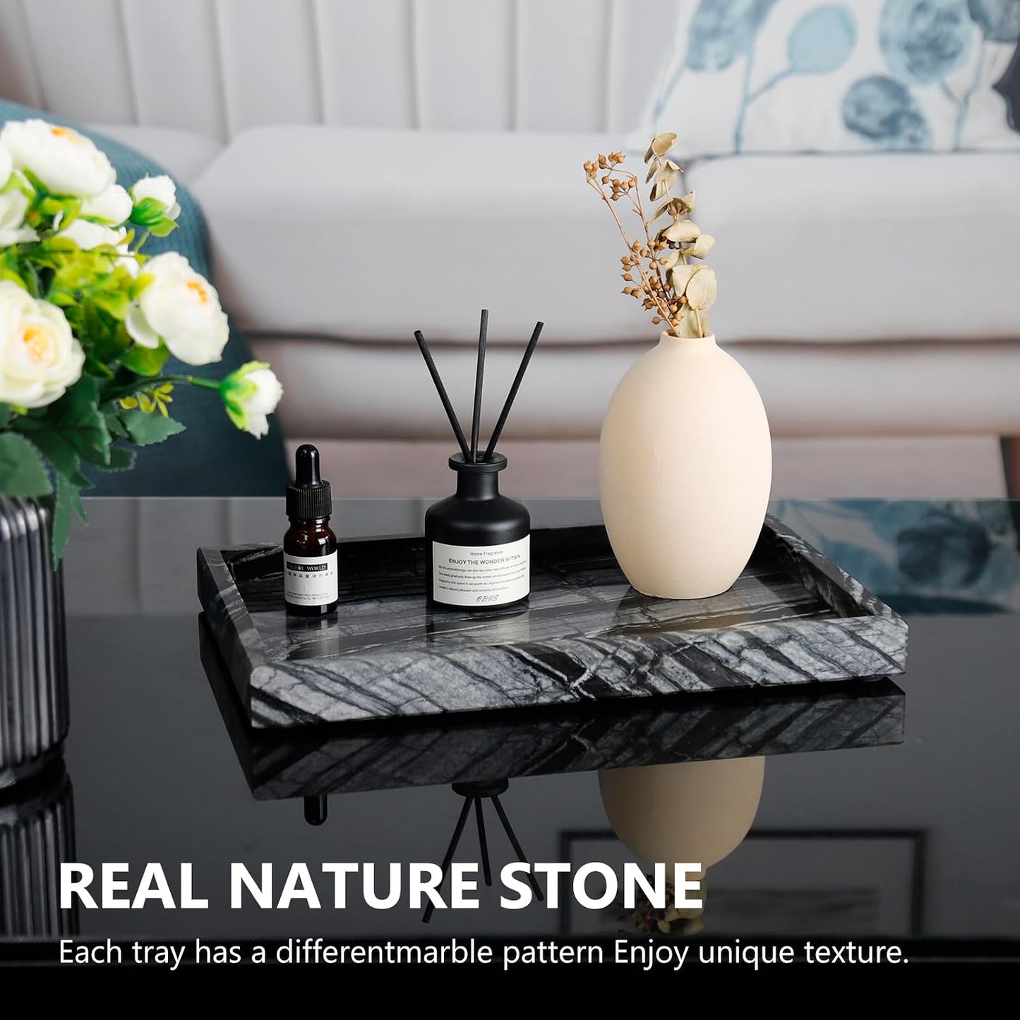 Real Marble Tray / Wood Grain / 12 x 8 x 1.2 / Natural
