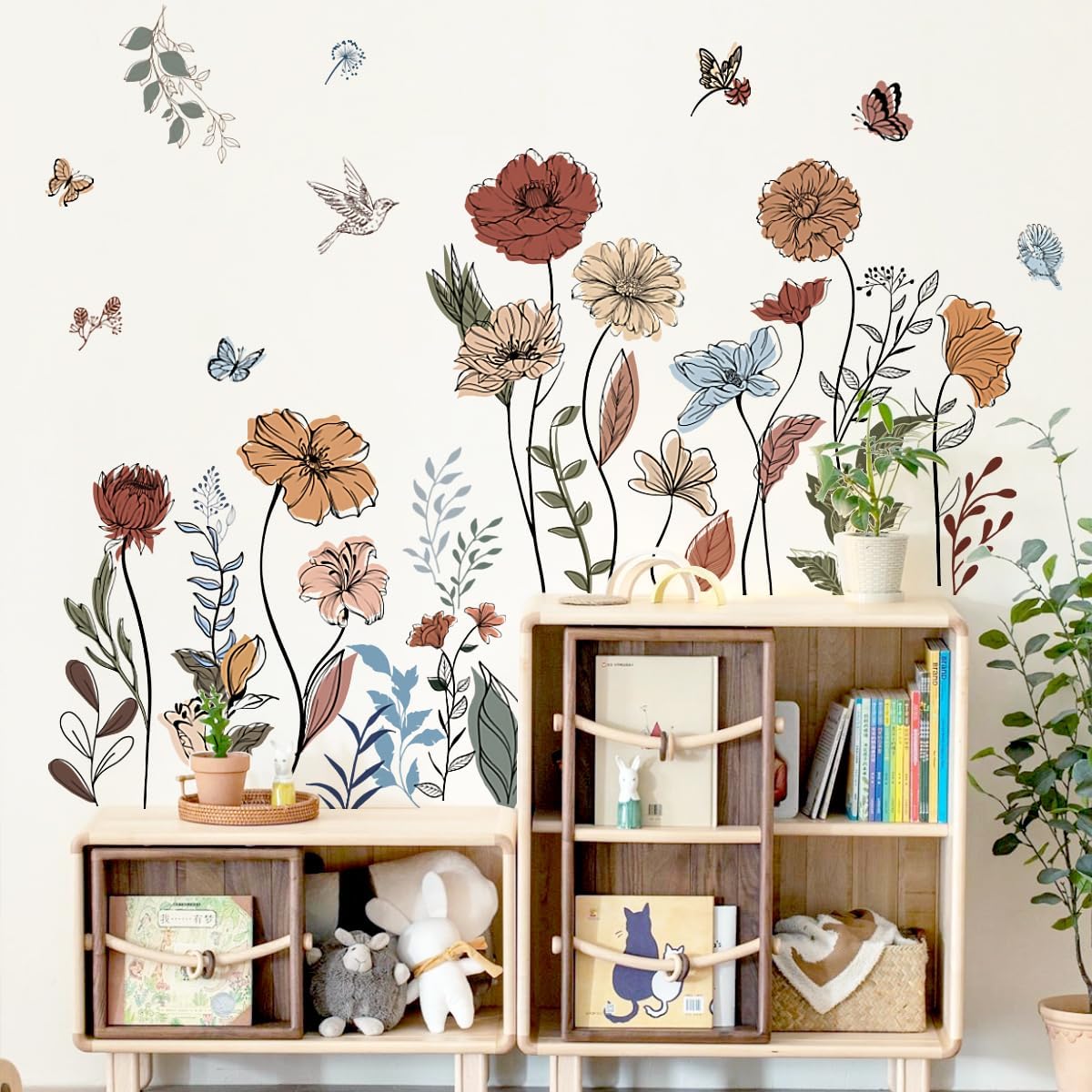 Boho Wildflower Wall Stickers Peel and Stick Floral Wall Decals for Girls Bedroom / Boho Floral