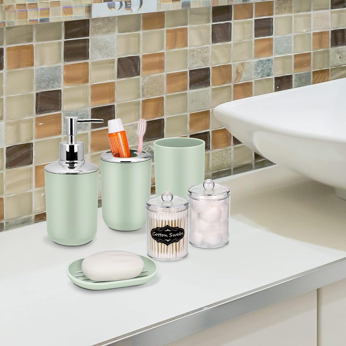 IMAVO Bathroom Accessories Set,Green Bathroom Set,9 Pieces Bathroom Accessory Set,Tray,Qtip Holders,Toilet Brush,Trash