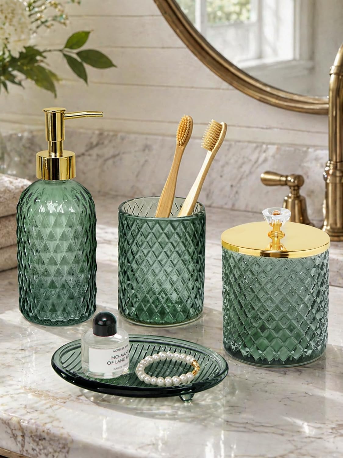 Glass Complete w/Bathroom Soap Dispenser Set / Bathroom Set / Sage Green / Set of 4