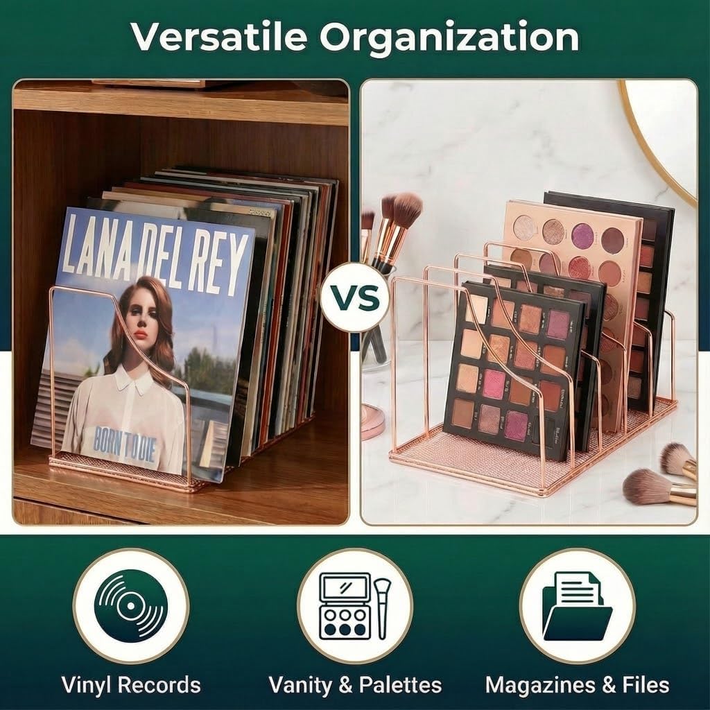 Rose Gold Binder Organizer for Desk, 5 Slot Metal Wire Vertical File Sorter with Mesh Bottom, Desktop Magazine Holder